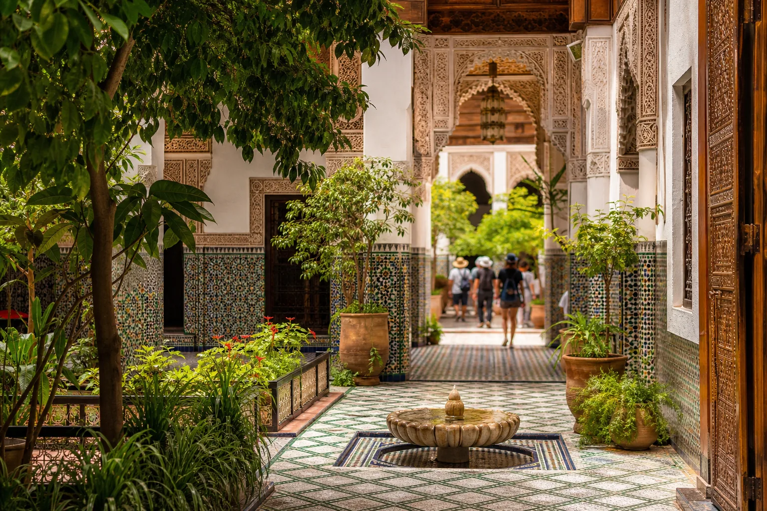 The carved courtyard and fountain of the Bahia Palace, Marrakech