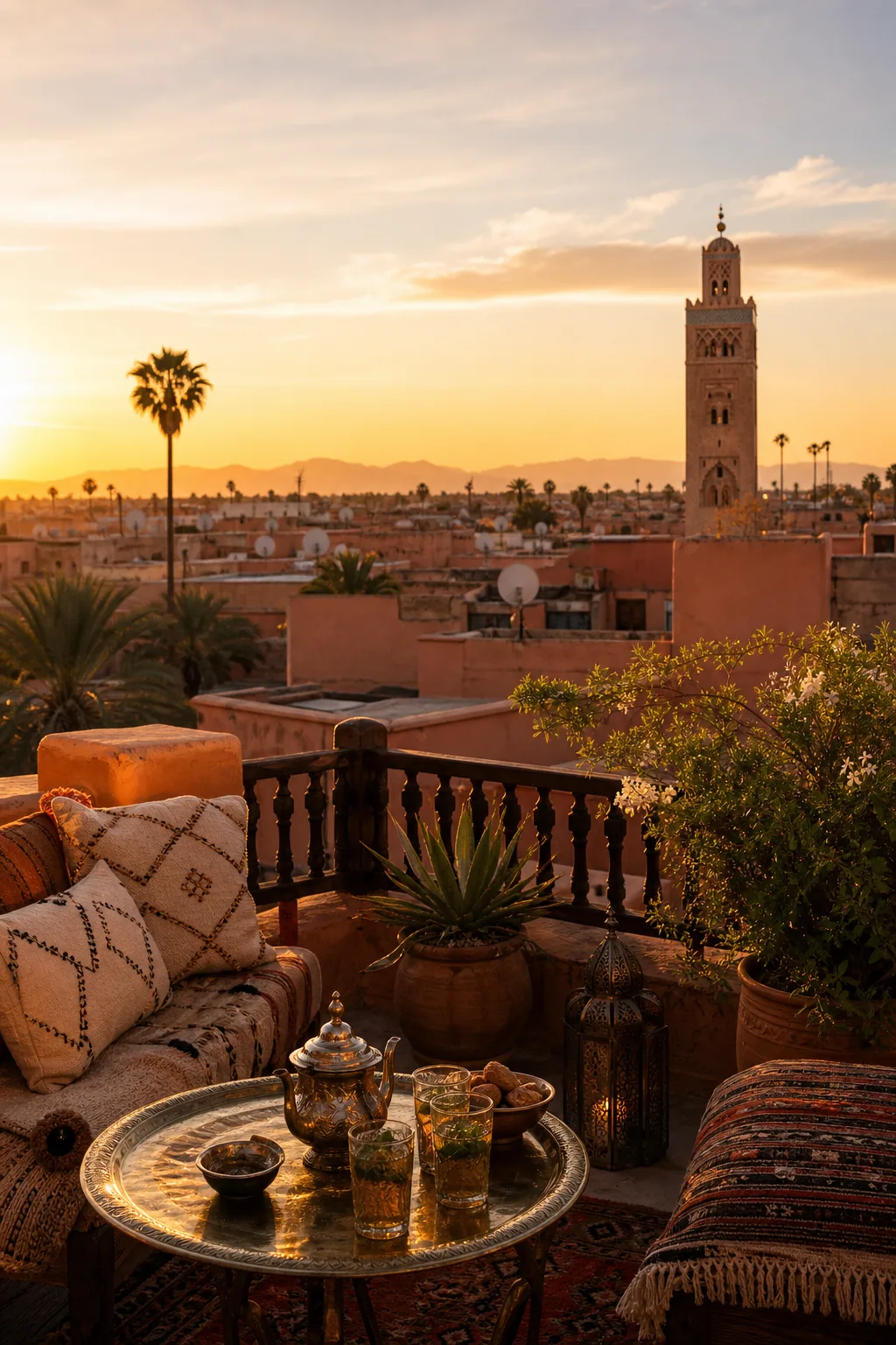 Mint tea on a Marrakech rooftop terrace at sunset, the Koutoubia beyond