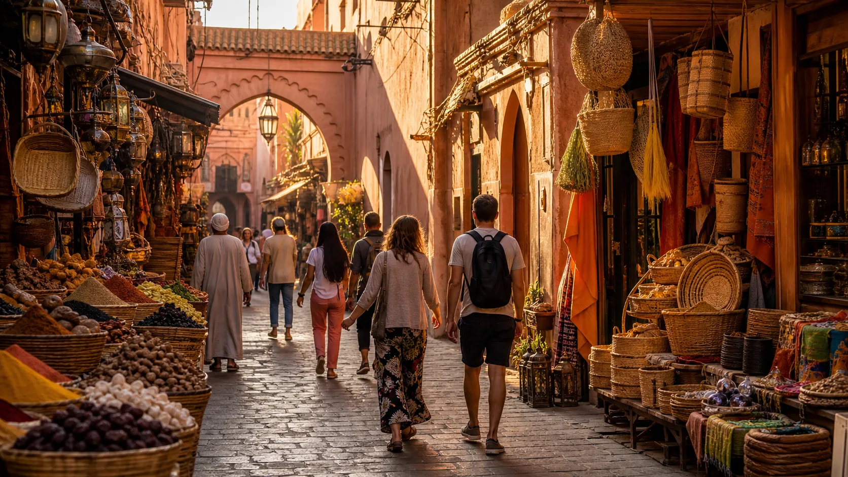 A couple walking a Marrakech souk in golden light