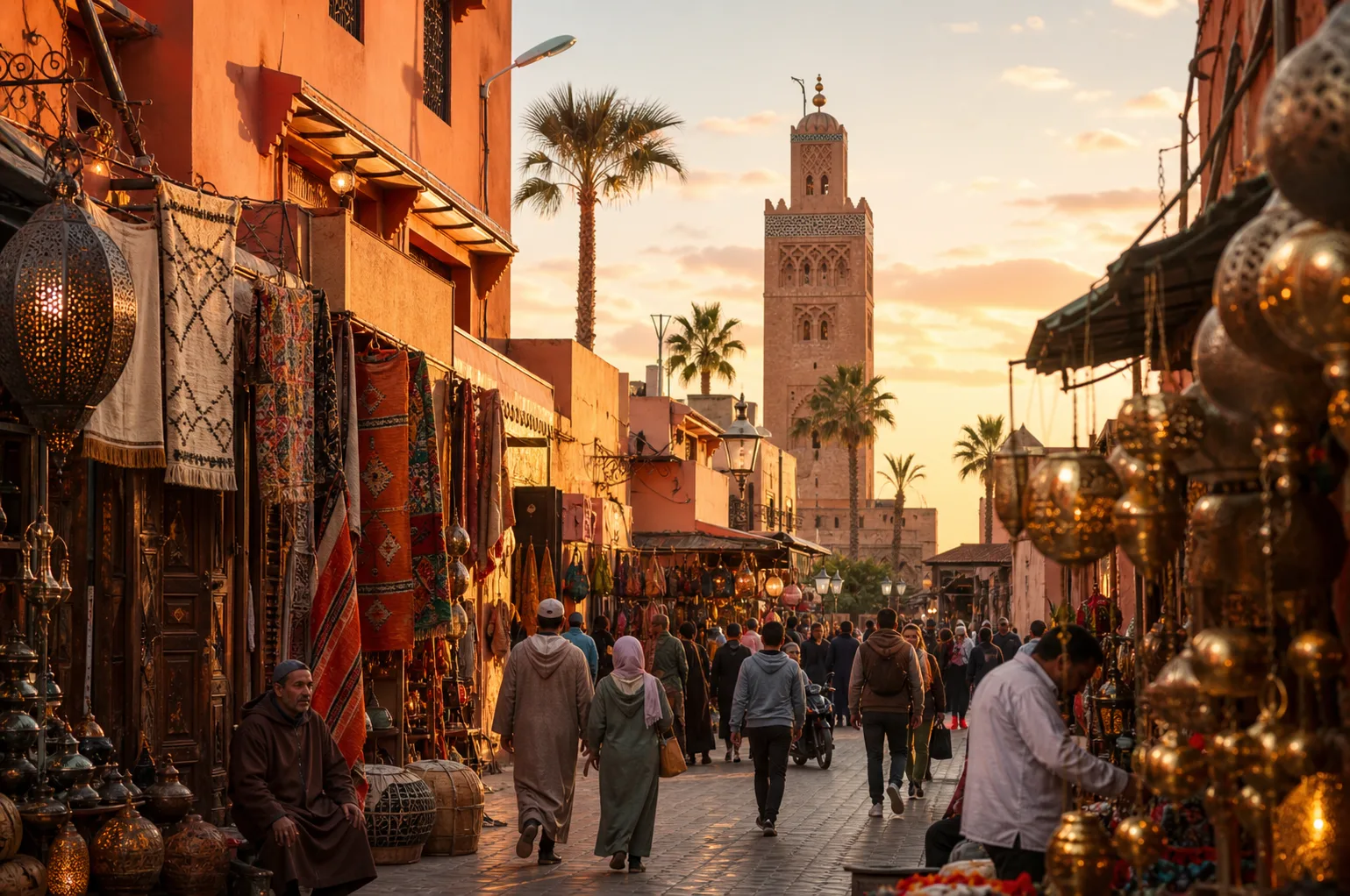 A Marrakech souk alley glowing at sunset with the Koutoubia beyond